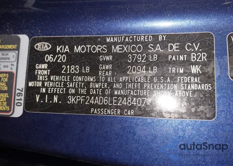 2020 Kia Forte Lxs from USA, damaged, VIN 3KPF24AD6LE248407